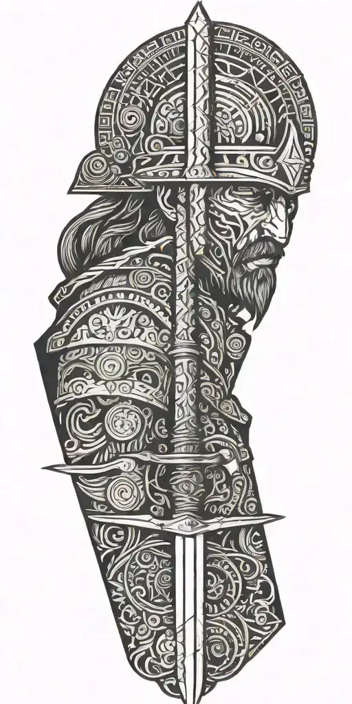 warrior, wizard, blacksmith faces with sword, hammer, book tattoo design idea