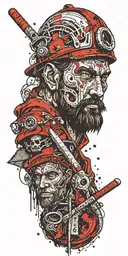 a blacksmith face with hammer and wizard facwith cone hat and book and warrior face with katana helm tattoo design idea