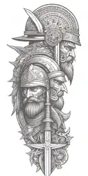a warrior and wizard and blacksmith faces with sword and hammer and book.   with helm and hat and bandana tattoo design idea