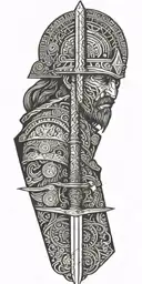 warrior, wizard, blacksmith faces with sword, hammer, book tattoo design idea