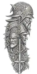 warrior, wizard, blacksmith faces with sword, hammer, book tattoo design idea