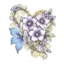 flower petal shaped into heart,  combination of violets and larkspur tattoo design idea