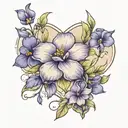flower petal shaped into heart,  combination of violets and larkspur tattoo design idea