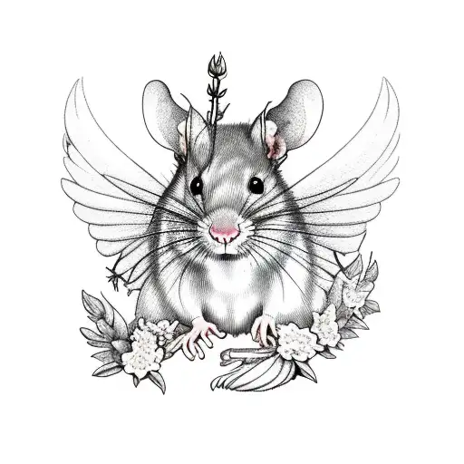 Rat with flowers and wings tattoo design idea