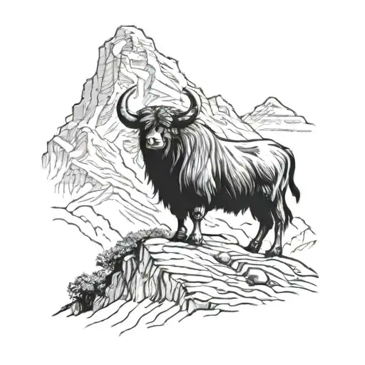 A majestic yak standing proudly in front of the Nanda Devi peak, with an ibex gracefully leaping nearby tattoo design idea