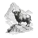 A majestic yak standing proudly in front of the Nanda Devi peak, with an ibex gracefully leaping nearby tattoo design idea