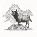 A majestic yak standing proudly in front of the Nanda Devi peak, with an ibex gracefully leaping nearby tattoo design idea