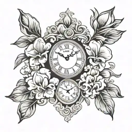 three clock faces surrounded by sweetpea flowers tattoo design idea
