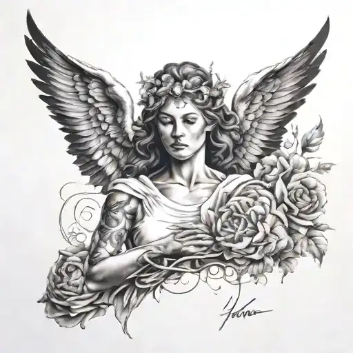 nike goddess realism tattoo. Darker elements on top tattoo design idea