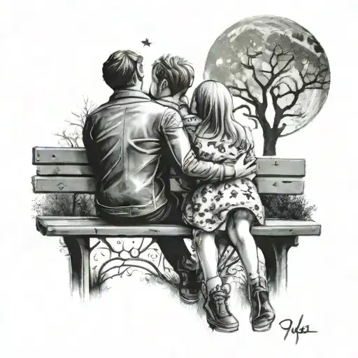 two lovers sat on a park bench under the moon and stars  tattoo design idea