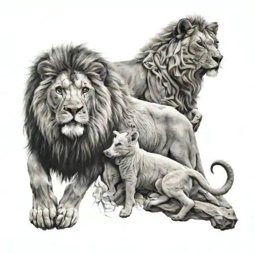 Lamb and lion back to back with cross splitting the middle tattoo design idea