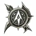 Star trek delta with the ring from Lord of the Rings around it, incorporating the home symbol from Stargate and the rebe tattoo design idea