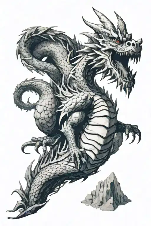 a dragon coming down from the mountain and looking at us tattoo design idea