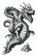 a dragon coming down from the mountain and looking at us tattoo design idea