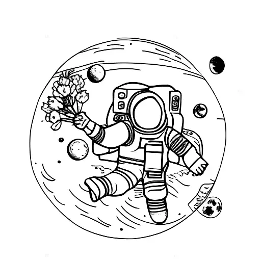 astronaut holding flowers in front of moon tattoo design idea