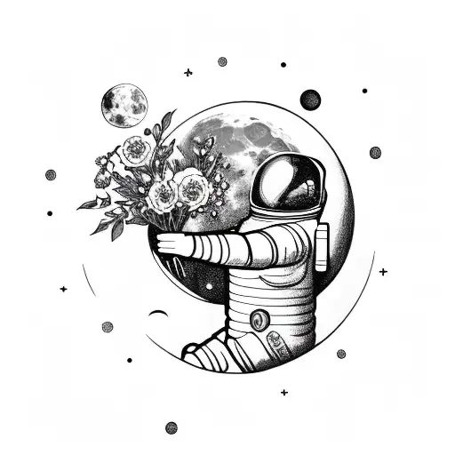 astronaut holding flowers in front of moon tattoo design idea