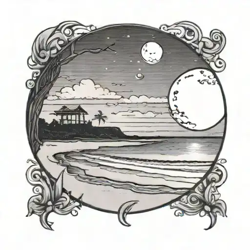 A black and grey tattoo of a serene beach at night with a prominent crescent moon tattoo design idea