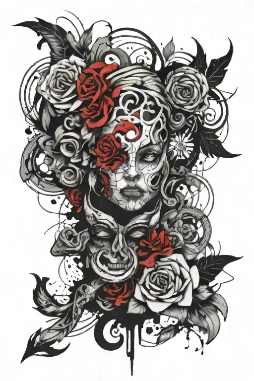 Generate an image of a tattoo. The tattoo should cover the entire sleeve and be done in the style of Arcane animation. I tattoo design idea