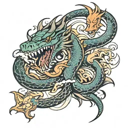 dragon and snake attacked by shark   tattoo design idea