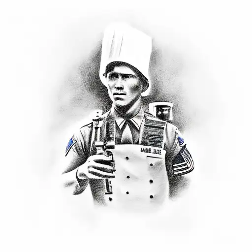 a realistic tattoo with an American soldier who has a sniper on his back and a chef's kit in his hand. tattoo design idea