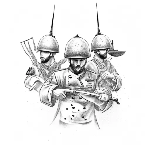 A tattoo of a battlefield scene with soldiers and tanks, but with the soldiers wearing chef hats and carrying cooking utensils. tattoo design idea