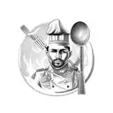 A tattoo of a battlefield scene with soldiers and tanks, but with the soldiers wearing chef hats and carrying cooking utensils. tattoo design idea