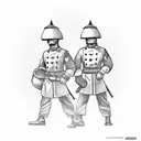 A tattoo of a battlefield scene with soldiers and tanks, but with the soldiers wearing chef hats and carrying cooking utensils. tattoo design idea