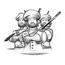 A tattoo of a battlefield scene with soldiers and tanks, but with the soldiers wearing chef hats and carrying cooking utensils. tattoo design idea