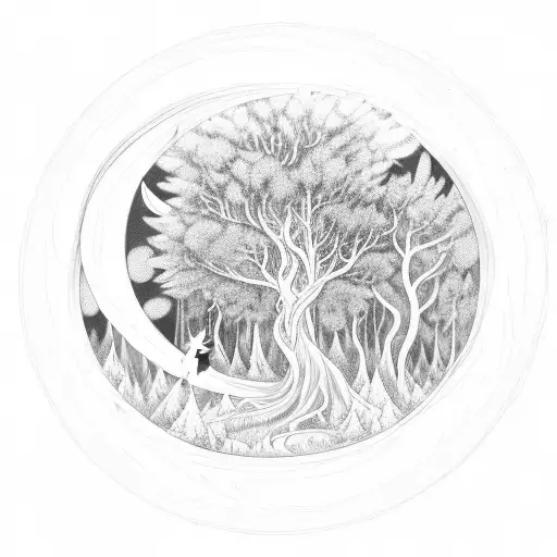 A mystical forest scene with faeries and woodland animals, surrounded by swirling stars and a crescent moon tattoo design idea