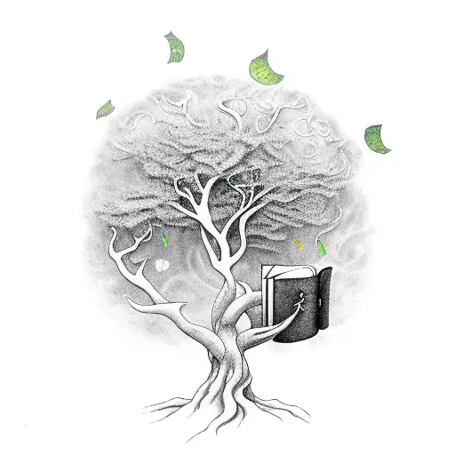 A whimsical composition featuring a book shaped like a tree, with magical creatures perched on its branches and music notes floating in the air tattoo design idea