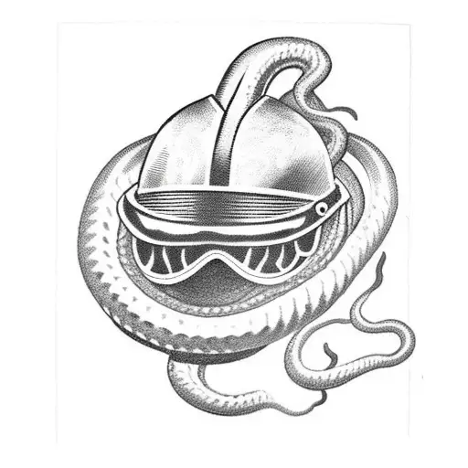 An army helmet with smoke rising from it, forming the shape of a snake tattoo design idea