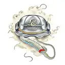 An army helmet with smoke rising from it, forming the shape of a snake tattoo design idea
