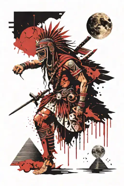 aztec warrior with the pyramids behind and the moon  tattoo design idea