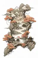 Landscape Background: • Mountains in the background: To give depth and recall traditional Asian landscapes tattoo design idea