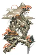 Landscape Background: • Mountains in the background: To give depth and recall traditional Asian landscapes tattoo design idea