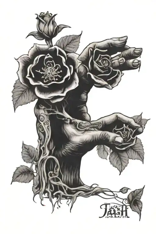 Tash Sultana album cover of song jungle: a hand with instead of mushrooms: rose flower, valeriana flower and ayahuasca tattoo design idea