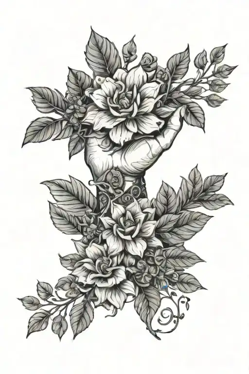Botanical style fine line hand with the plants ayahuasca, san pedro, rose and valeriana growing from it. tattoo design idea