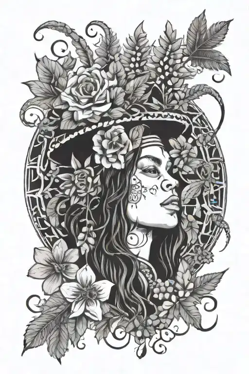 Tash Sultana album cover of song jungle with instead of mushrooms: rose flower, valeriana flower and ayahuasca tattoo design idea