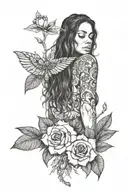 Tash Sultana album cover of song jungle: an elegant hand with rose flower, valeriana flower and ayahuasca tattoo design idea