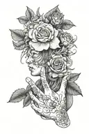 Tash Sultana album cover of song jungle: an elegant hand with rose flower, valeriana flower and ayahuasca tattoo design idea