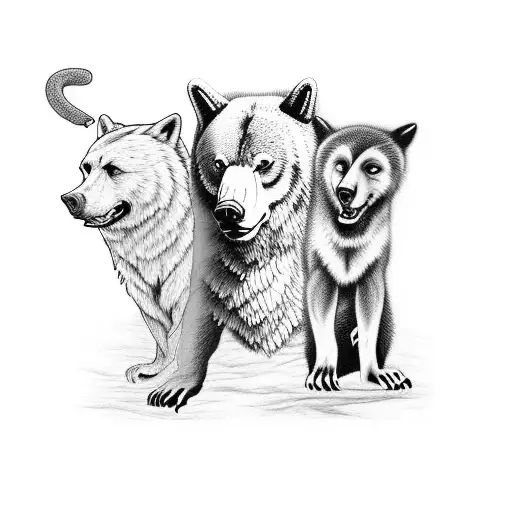 Create a 3/4 arm sleeve in a traditional style of a bear and a wolf fighting with a snake tattoo design idea