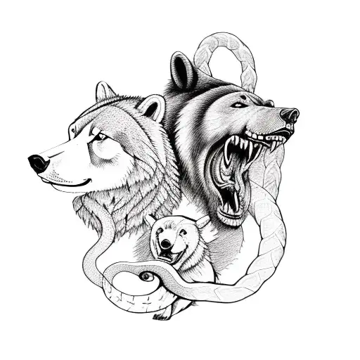 Create a 3/4 arm sleeve in a traditional style of a bear and a wolf fighting with a snake tattoo design idea