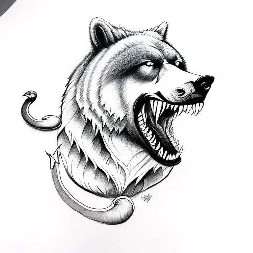 Create a 3/4 arm sleeve in a traditional style of a bear and a wolf fighting with a snake tattoo design idea