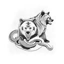 Create a 3/4 arm sleeve in a traditional style of a bear and a wolf fighting with a snake tattoo design idea