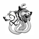 Create a 3/4 arm sleeve in a traditional style of a bear and a wolf fighting with a snake tattoo design idea