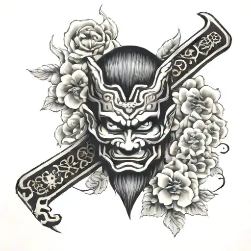 A full forearm tattoo in Japanese design style with Japanese flowers, a samurai mask, a Japanese tattoo design idea