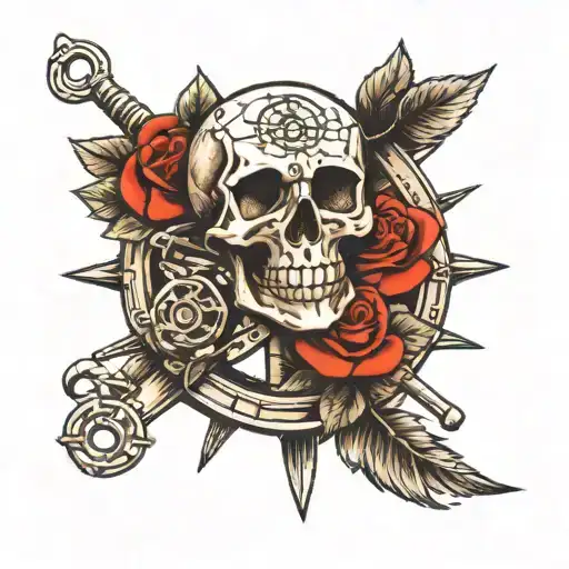 little skull rose and ship wheel tattoo design idea