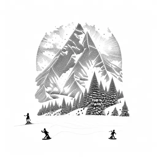 snowboarder on snowy mountains down to tropical beach and girls in bikinis playing beach volleyball on sand surfers behi tattoo design idea