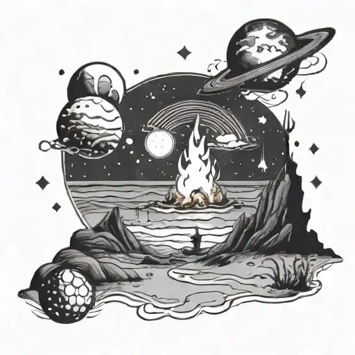 A surreal scene of a bonfire burning on a moonlit beach, with planets and galaxies shining overhead, representing trust  tattoo design idea