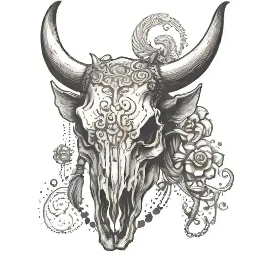 Bull Skull with one set of horns, facing head on, with a small piece of cord  dangling from the left horn. tattoo design idea